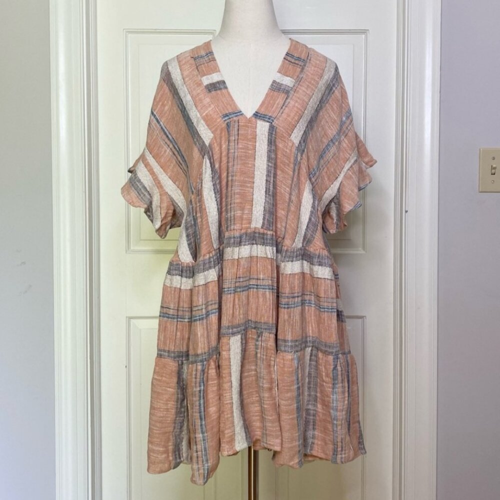 New Lulus Sz XS Dusty Orange Oversized Mini Tiered Skirt Striped Pattern Allover